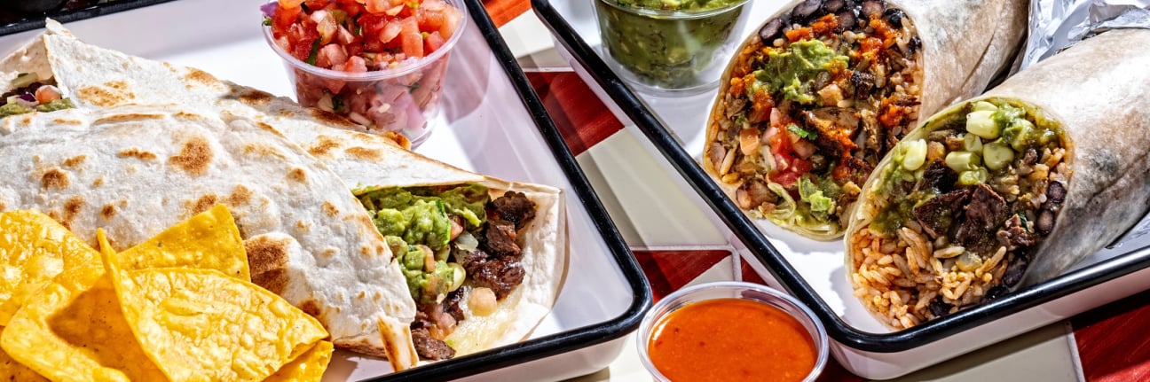 Overhead close-up of Mexican food