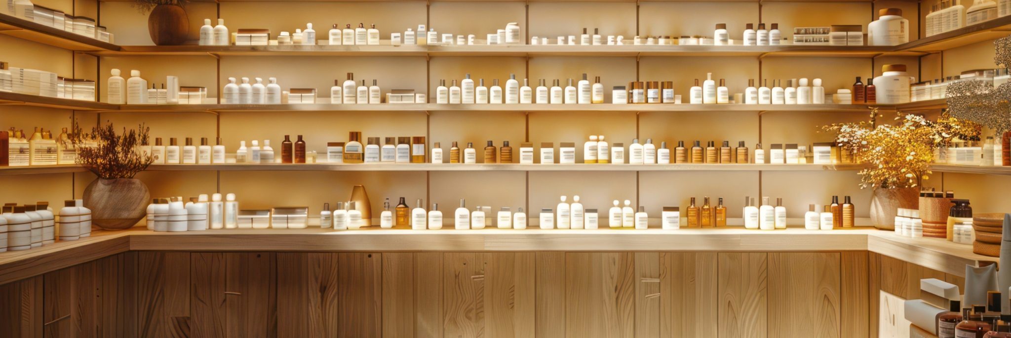 Retail display of various health, beauty, or skincare products neatly arranged on a tiered wooden shelf.