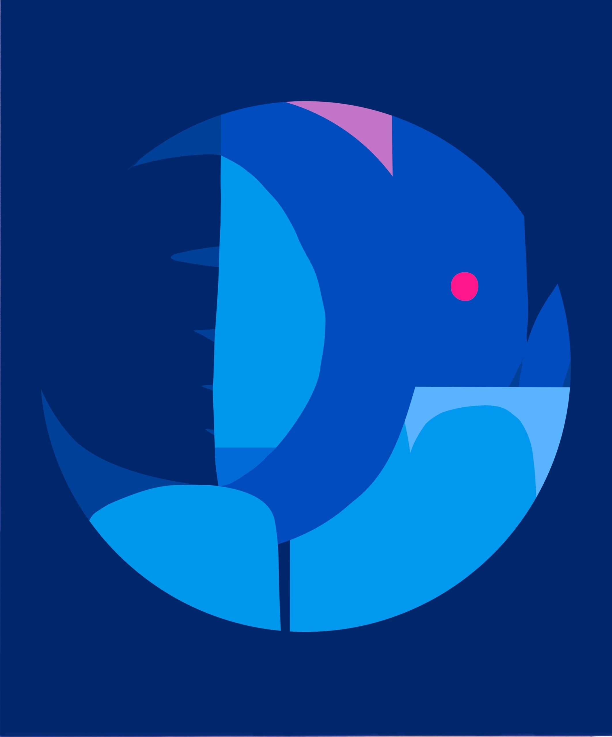 Abstract circular logo design in blue and dark blue.