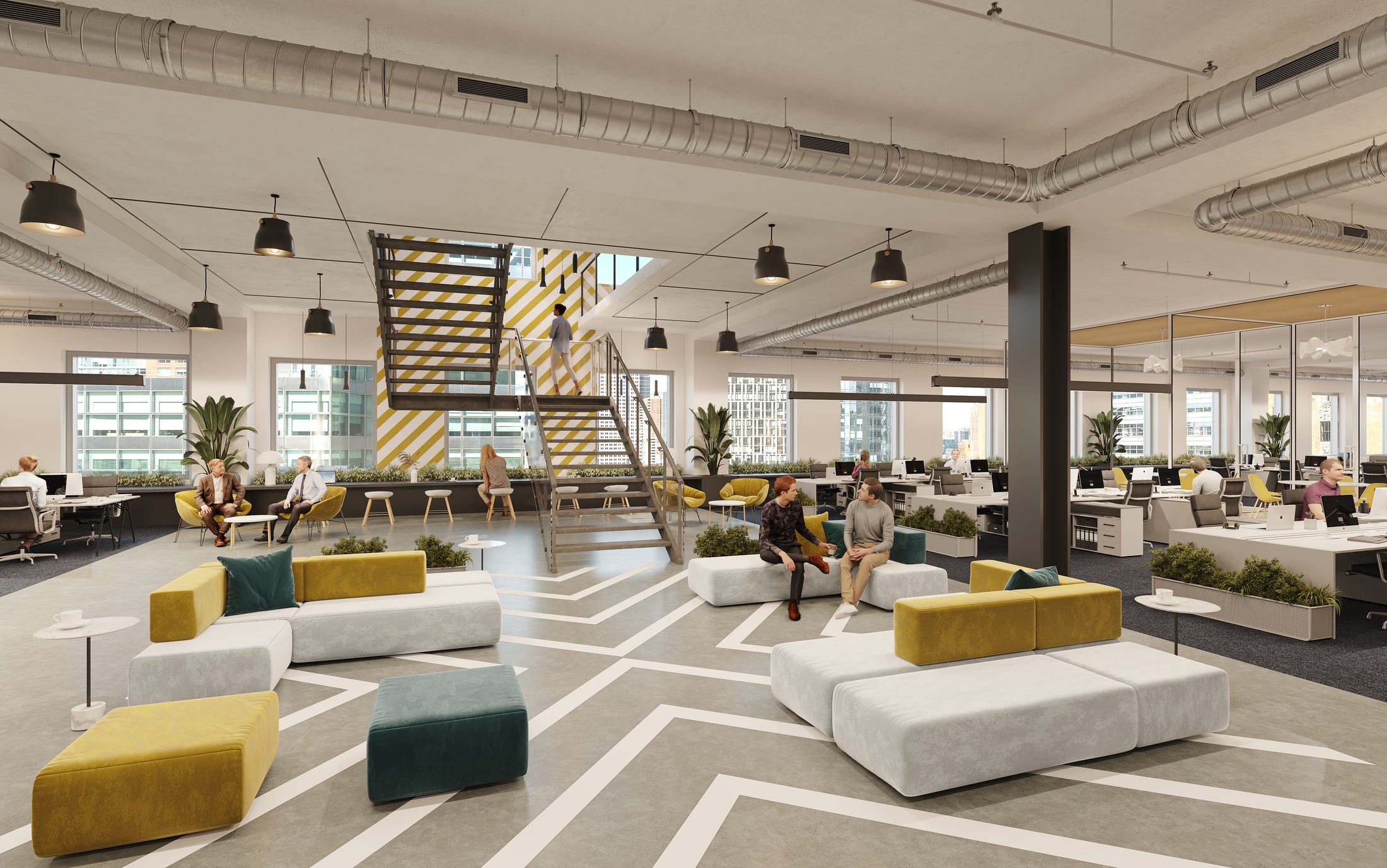 Brookfield Place, large, airy lounge or communal workspace with geometric white and colorful seating arrangements and tall windows.