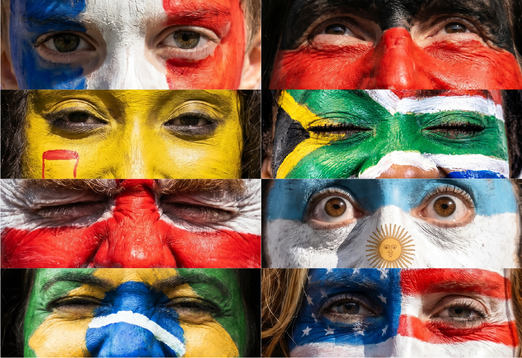 Faces of people watching international soccer games.